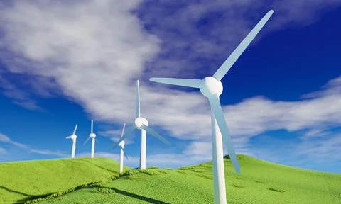 Windmill and blue sky white cloud background. Wind-turbine on wind farm in .. Ilustración de archivo