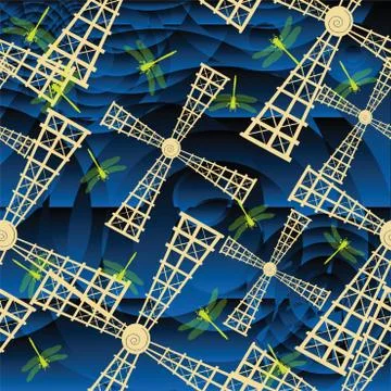 Windmill and dragonfly Illustrazione stock