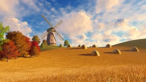 Windmill and haystacks on autumn fields Stockillustratie