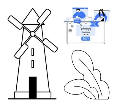 Windmill and leafy plant next to an online shopping screen with cashback and  Stock Illustration