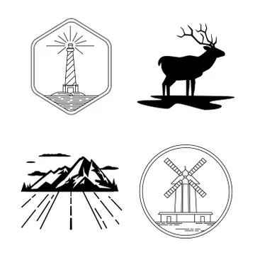Windmill and lighthouse emblems, deer silhouette, mountain, nature exploration Stock Illustration
