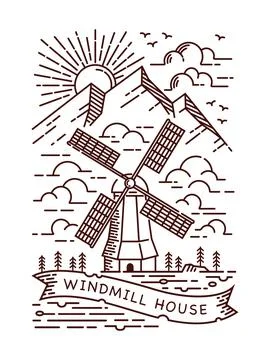 Windmill and mountain line illustration vector hand drawn Stock Illustration