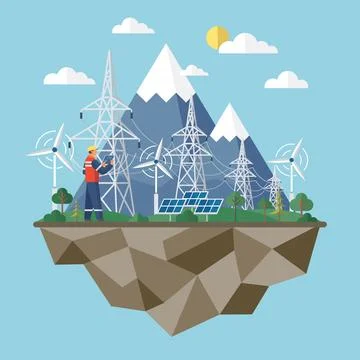 Windmill and solar panel. Solar panel plant, wind and li-ion electricity Illustrazione stock