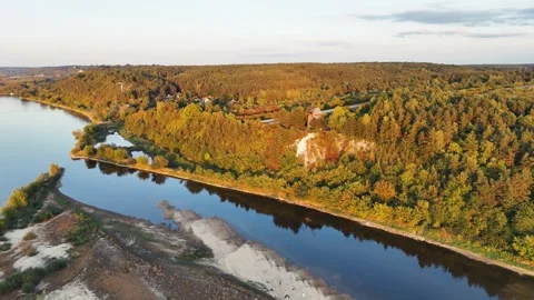 Windmill and Vistula River Aerial Sunset Miecmierz Poland Stock Footage 333476643
