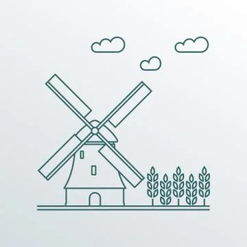 Windmill and wheat ears. Mill line symbol. Agriculture landscape. Colorful Stock Illustration