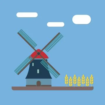 Windmill and wheat ears. Mill symbol. Agriculture landscape.  Stock Illustration