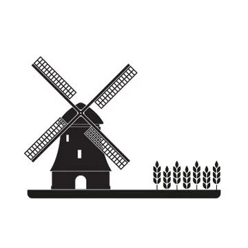 Windmill and wheat ears. Mill symbol. Agriculture landscape. Vector illustration Stock Illustration