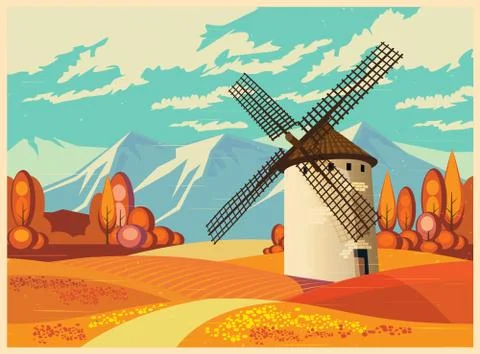 Windmill in autumn old poster Stock Illustration