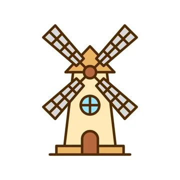 Windmill building icon in colorful flat style. Wind energy vector illustrat.. Stock Illustration