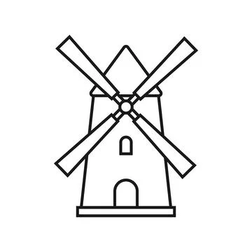 Windmill building icon in flat outline stroke style. Wind energy vector ill.. Stock Illustration