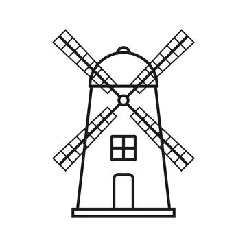 Windmill building icon in flat outline stroke style. Wind energy vector ill.. Stock Illustration
