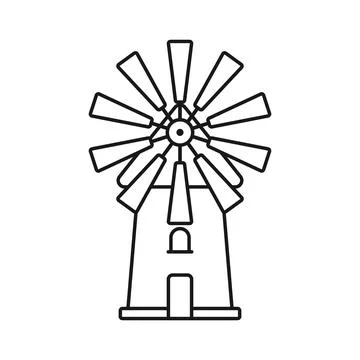 Windmill building icon in flat outline stroke style. Wind energy vector ill.. Stock Illustration