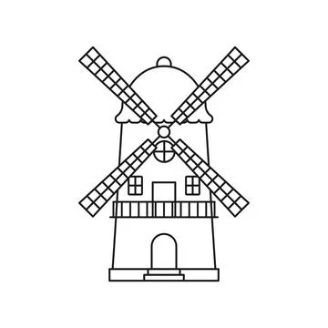 Windmill building icon in flat outline stroke style. Wind energy vector ill.. Stock Illustration