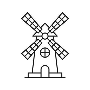 Windmill building icon in flat outline stroke style. Wind energy vector ill.. Stock Illustration