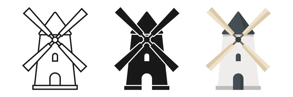 Windmill building icon set collection in flat style. Wind energy vector ill.. Stock Illustration