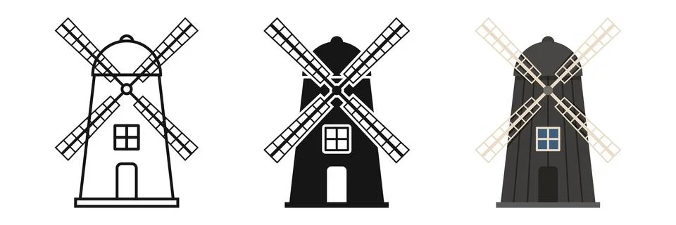 Windmill building icon set collection in flat style. Wind energy vector ill.. Stock Illustration