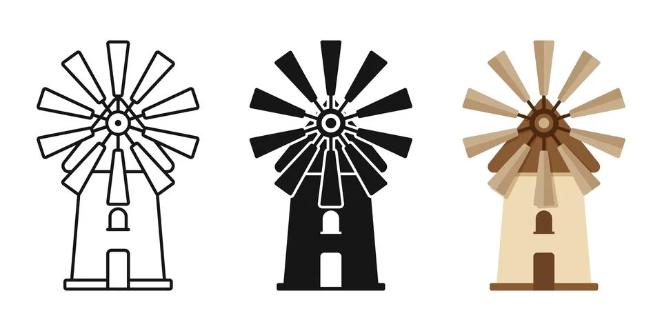 Windmill building icon set collection in flat style. Wind energy vector ill.. Stock Illustration