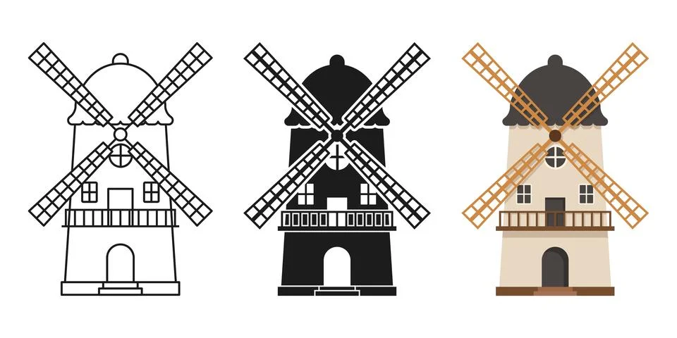 Windmill building icon set collection in flat style. Wind energy vector ill.. Stock Illustration