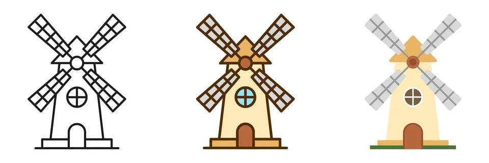 Windmill building icon set collection in flat style. Wind energy vector ill.. Stock Illustration