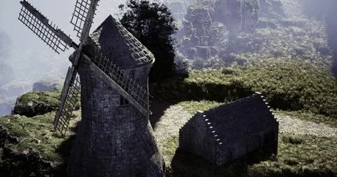 A windmill, crafted from stone, towers over a lush green area near rocky clif Stock Illustration