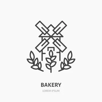 Windmill with ears of wheat. Bakery logo, flat line icon. Fresh bread products Stock Illustration