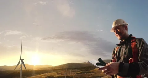 Windmill engineer and businessman planing new ecology project. Stock Footage 141310880