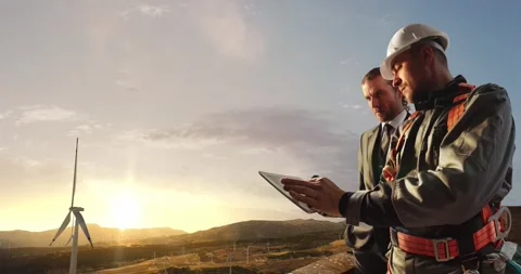 Windmill engineer and businessman planing new ecology project. Stock Footage 141310899