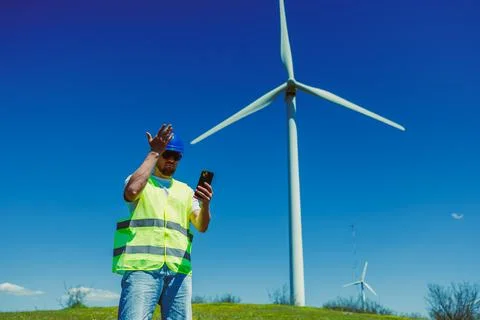 Windmill engineer checks phone while inspecting wind turbine in bright sunl.. Stock Photos