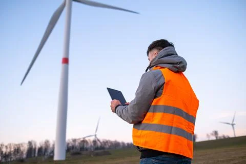 Windmill engineer does maintenance and repairs wind turbines using a tablet in Stock Photos