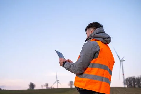 Windmill engineer does maintenance and repairs wind turbines using a tablet in Stock Photos