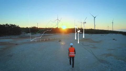 Windmill Engineer going to site and analyze hologram graphs at sunset Stock Photos