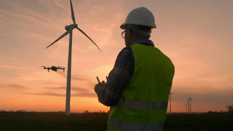 Windmill engineer watching the operation of wind turbines with a drone. Stock Footage 192862241