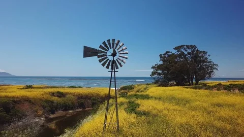 Windmill at Estero Bluffs State Park California fly-by aerial 4k Stock Footage 94430529