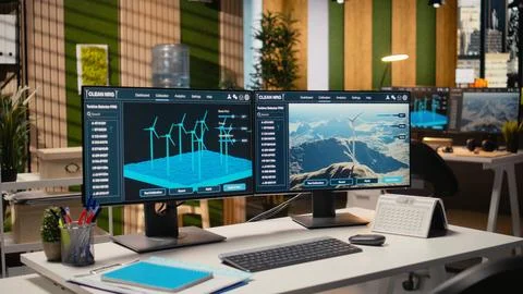 Windmill farm CAD design software displayed on monitors 스톡 사진