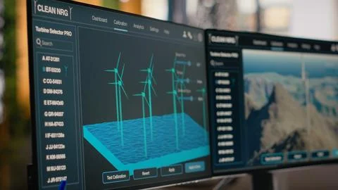 Windmill farm CAD design software displayed on monitors Stock Photos