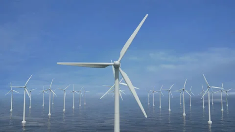 Windmill Farm In Ocean - With Alpha Channel and Zdepth Stock Footage 151209657