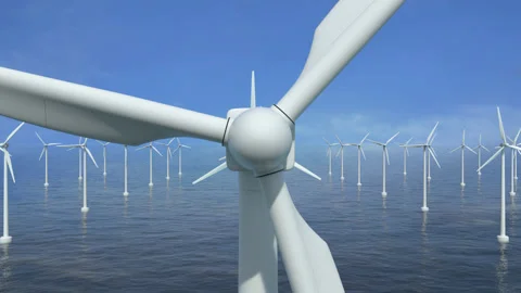 Windmill Farm in The Ocean - closeup - Flight Backwards - With Alpha channel Stock Footage 151209978