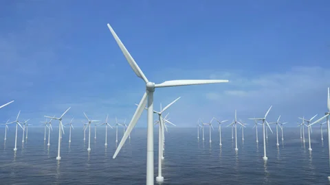 Windmill Farm in The ocean - closeup flight - With Alpha channel and Zdepth Stock Footage 151210505