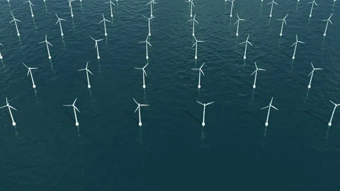 Windmill Farm in The ocean - View From a Hight Stock Footage
