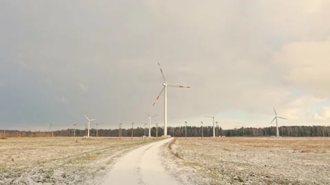 Windmill farm or wind park, with high wind turbines for generation electricity Stock Footage 231800954