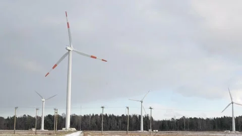 Windmill farm or wind park, with high wind turbines for generation electricity Stock Footage 231800985