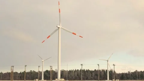 Windmill farm or wind park, with high wind turbines for generation electricity Stock Footage 231801035