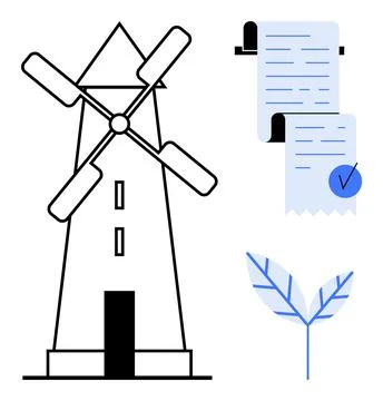 Windmill with Financial Documents and Leaf Symbol in Minimalist Style Stock Illustration