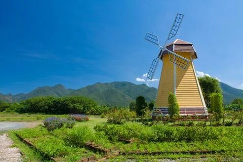 Windmill with fog Stock Photos