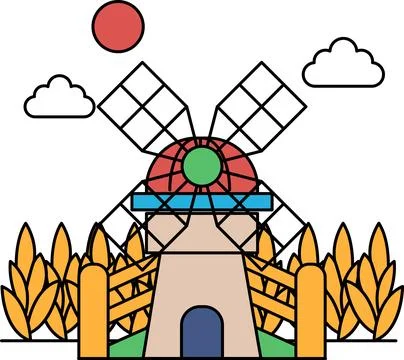 A windmill is in the foreground of a picture of a field Stock Illustration