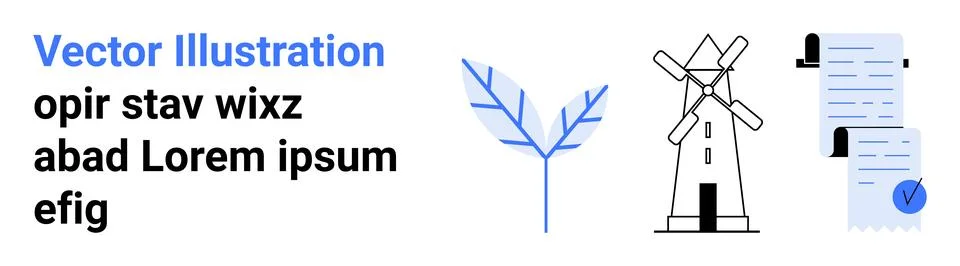 Windmill generating energy, blue leaf symbolizing nature, and signed document Stock Illustration