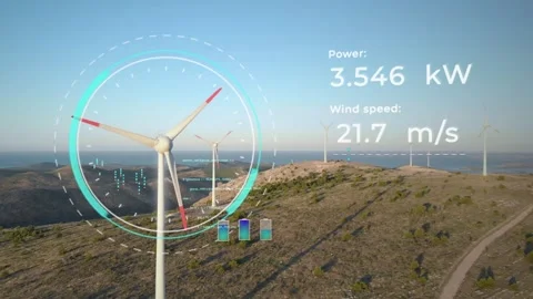Windmill generator with HUD data display and infographic of power and wind 库存影片 252073558