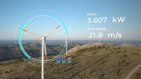 Windmill generator with HUD data display and infographic of power and wind Stock Photos