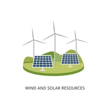 Windmill generators and solar power panel systems, vector illustration isolated. Stock Illustration