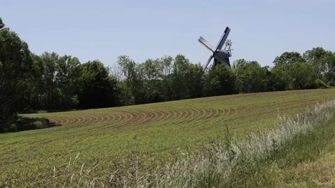 A windmill in the green field in Karpe, Germany under the blue sky Stock Footage 139628535